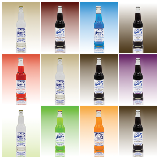 Grid view of Avery’s Classic Build Your Own Variety 12-Pack with a variety of classic flavors in glass bottles on gradient backgrounds
