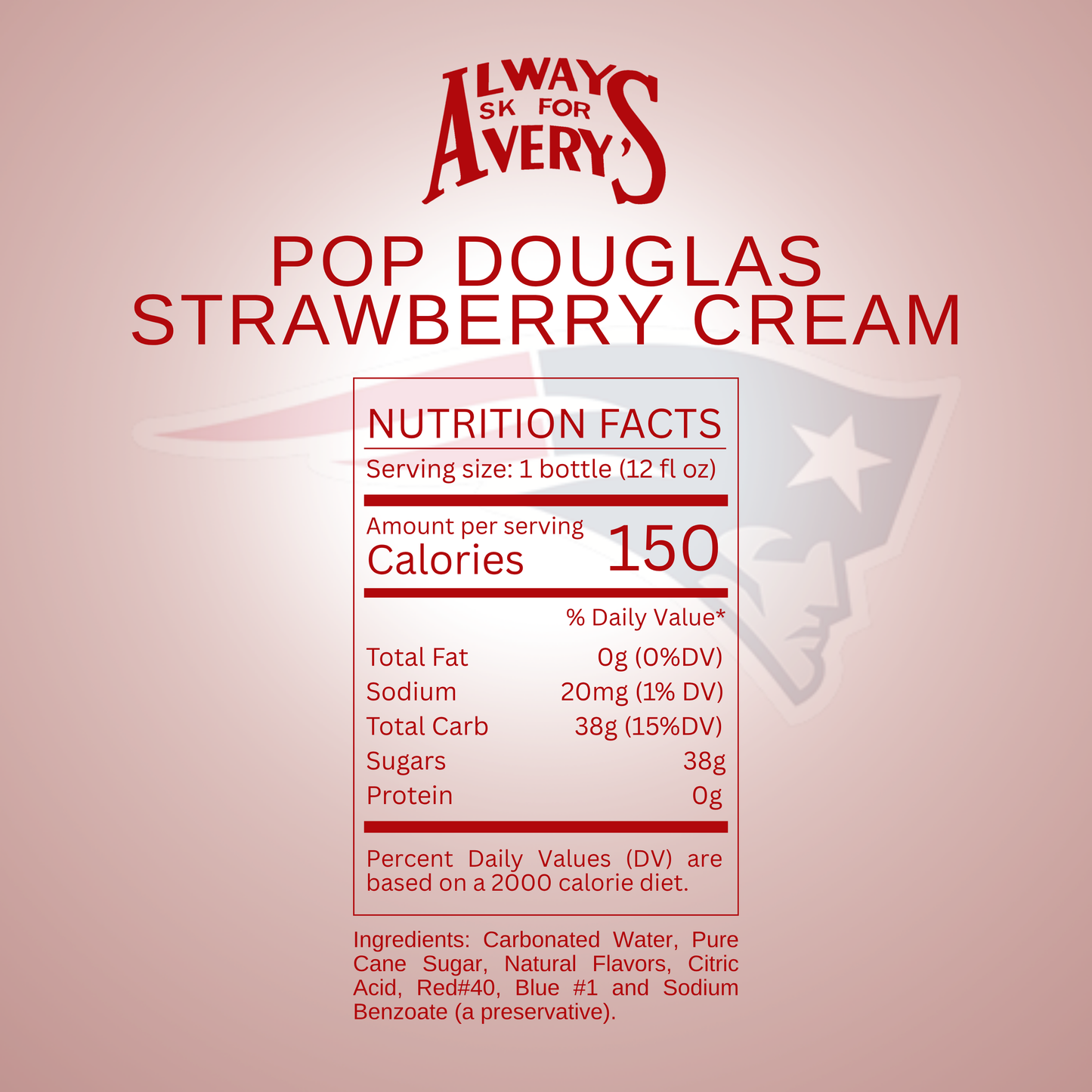 Nutrition facts label for Avery's Pop Douglas Strawberry Cream Soda on red gradient background with New England Patriots logo