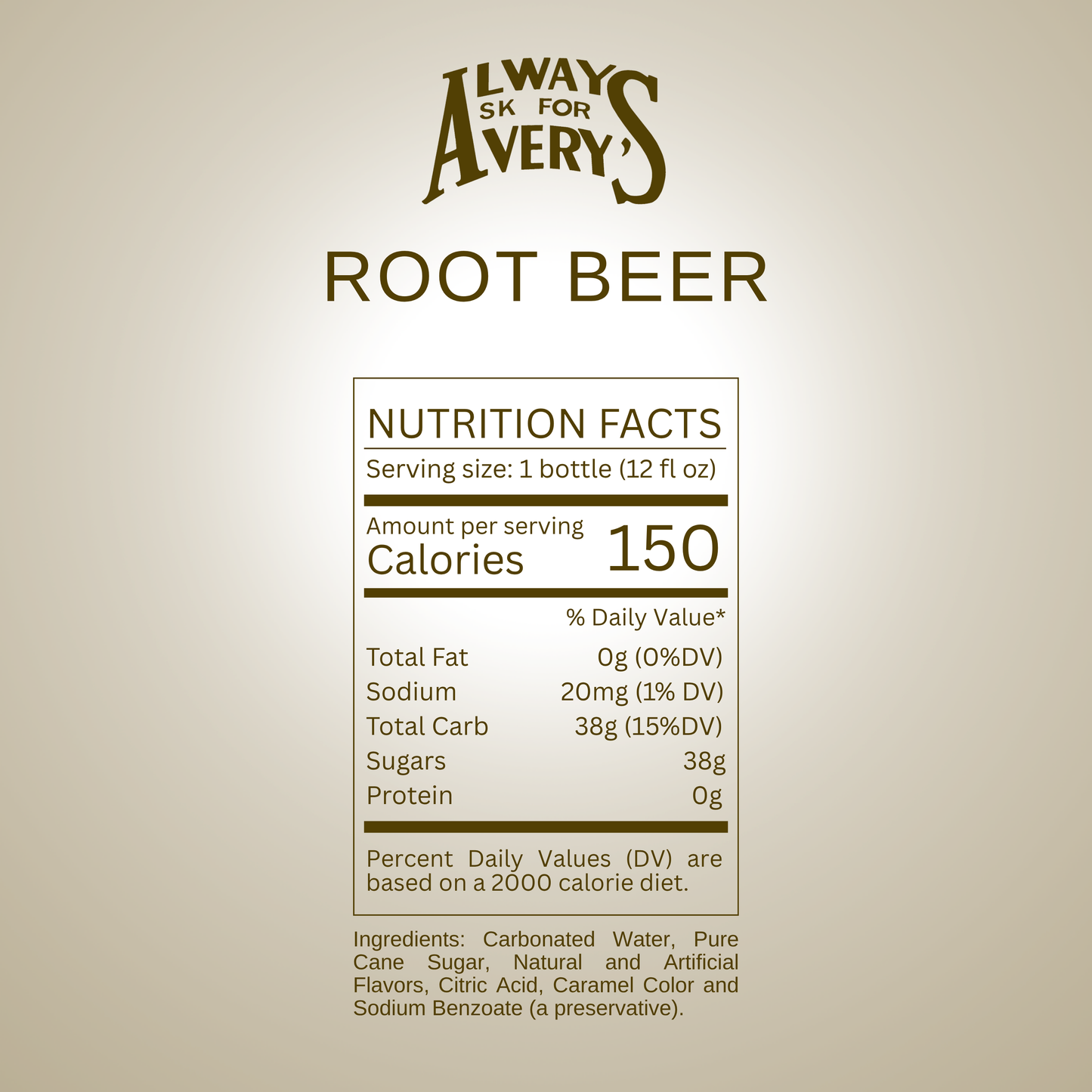 Nutrition facts label for Avery's Root Beer on brown gradient background