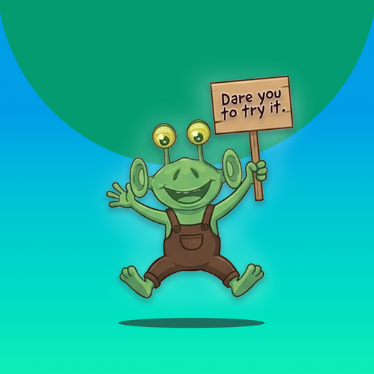 Avery's Totally Gross Alien Snot Cartoon character holding a sign with 'Dare you to try it.' text on a blue and teal gradient background