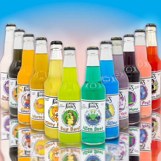 Avery’s Totally Gross Original Soda Variety 12-Pack in glass bottles on blue and pink gradient background