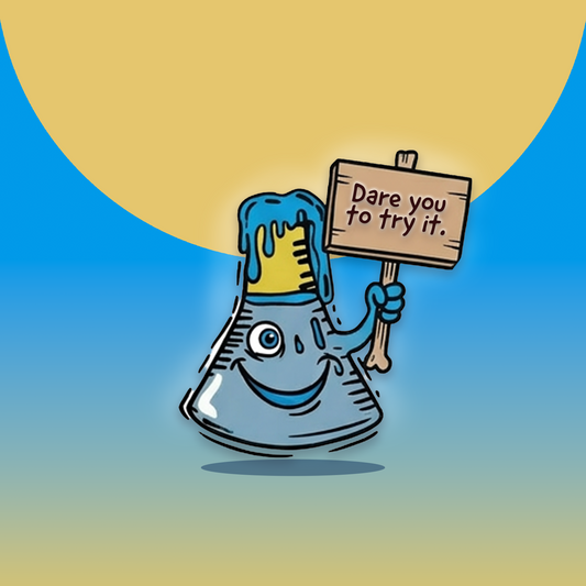 Avery's Totally Gross Toxic Slime Cartoon character in a beaker holding a sign with 'Dare you to try it.' text on a blue gradient background