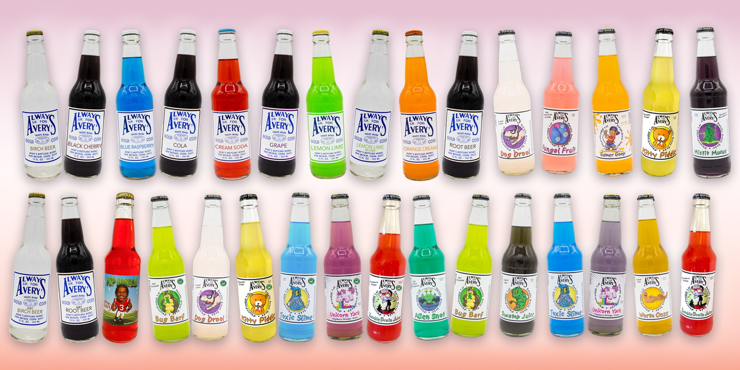 Collection of Avery’s Soda Variety Packs in glass bottles on gradient peach background