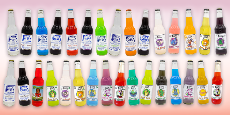 Collection of Avery’s Soda Variety Packs in glass bottles on gradient peach background