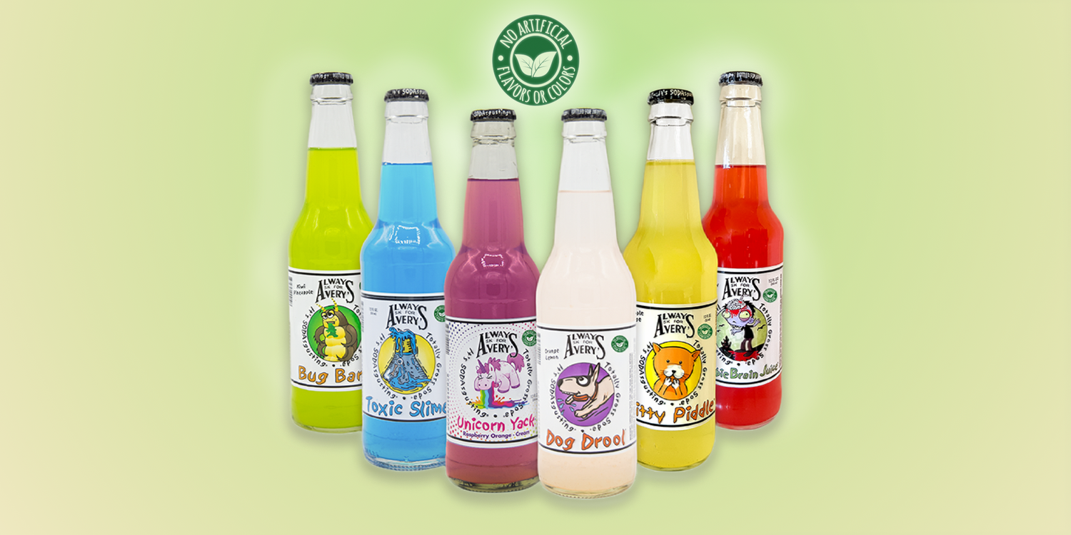 Collection of Avery’s Totally Gross Natural Sodas in glass bottles on gradient green background