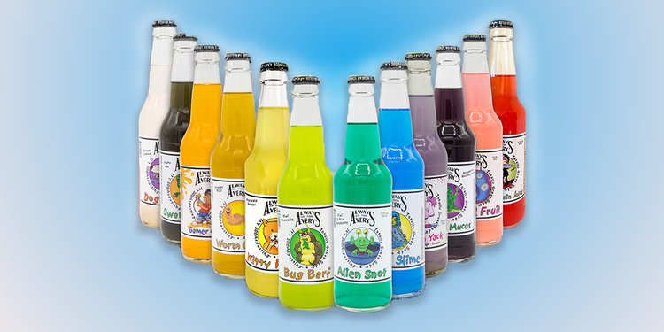 Collection of Avery’s Totally Gross Original Sodas in glass bottles on gradient blue background