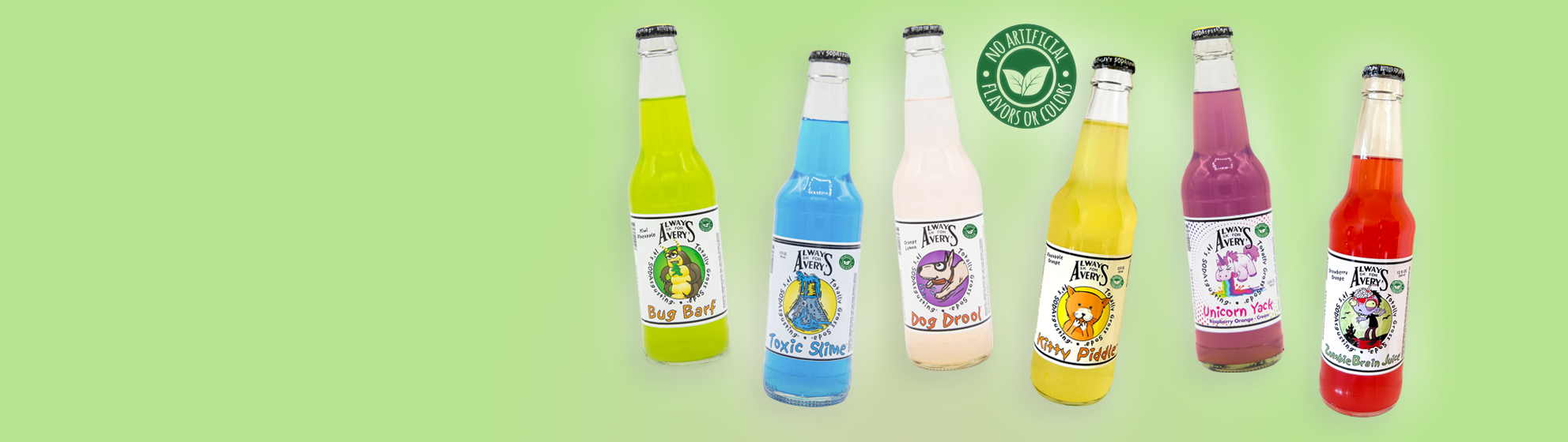 Avery’s colorful Totally Gross Natural Sodas in glass bottles on green gradient background