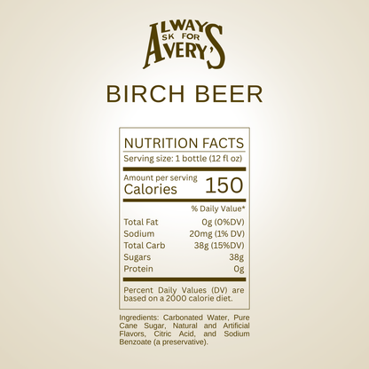 Nutrition facts label for Avery's Birch Beer on beige gradient background