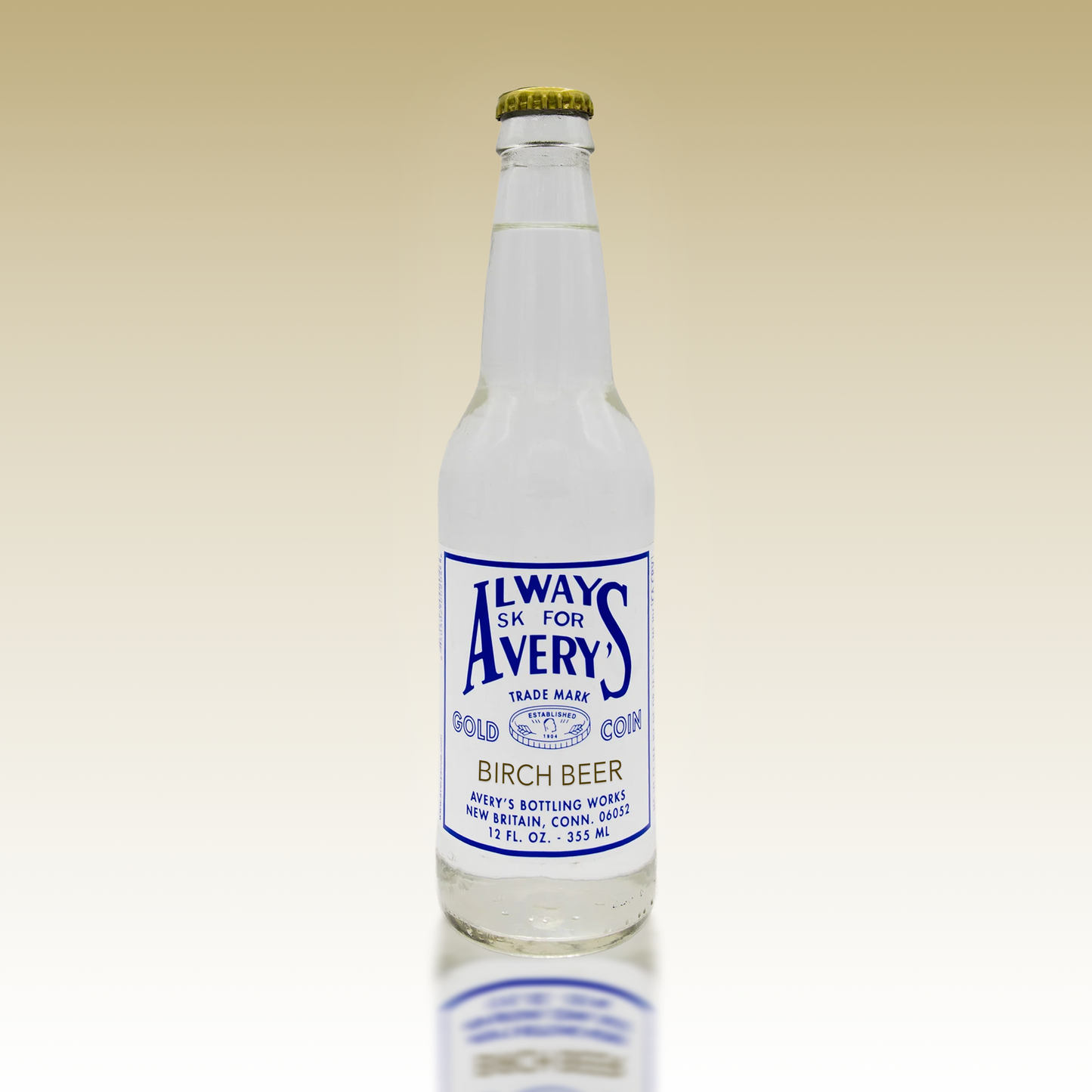 Avery's Birch Beer in glass bottle on beige gradient background