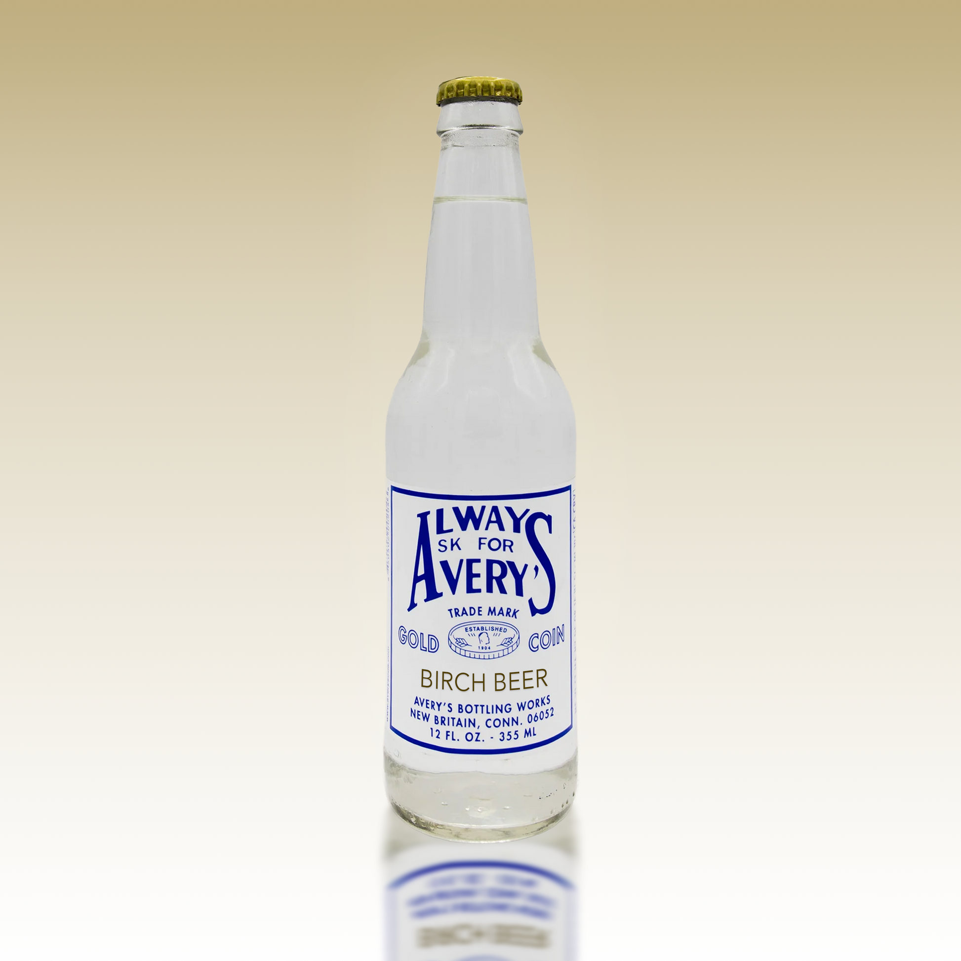 Avery's Birch Beer in glass bottle on beige gradient background