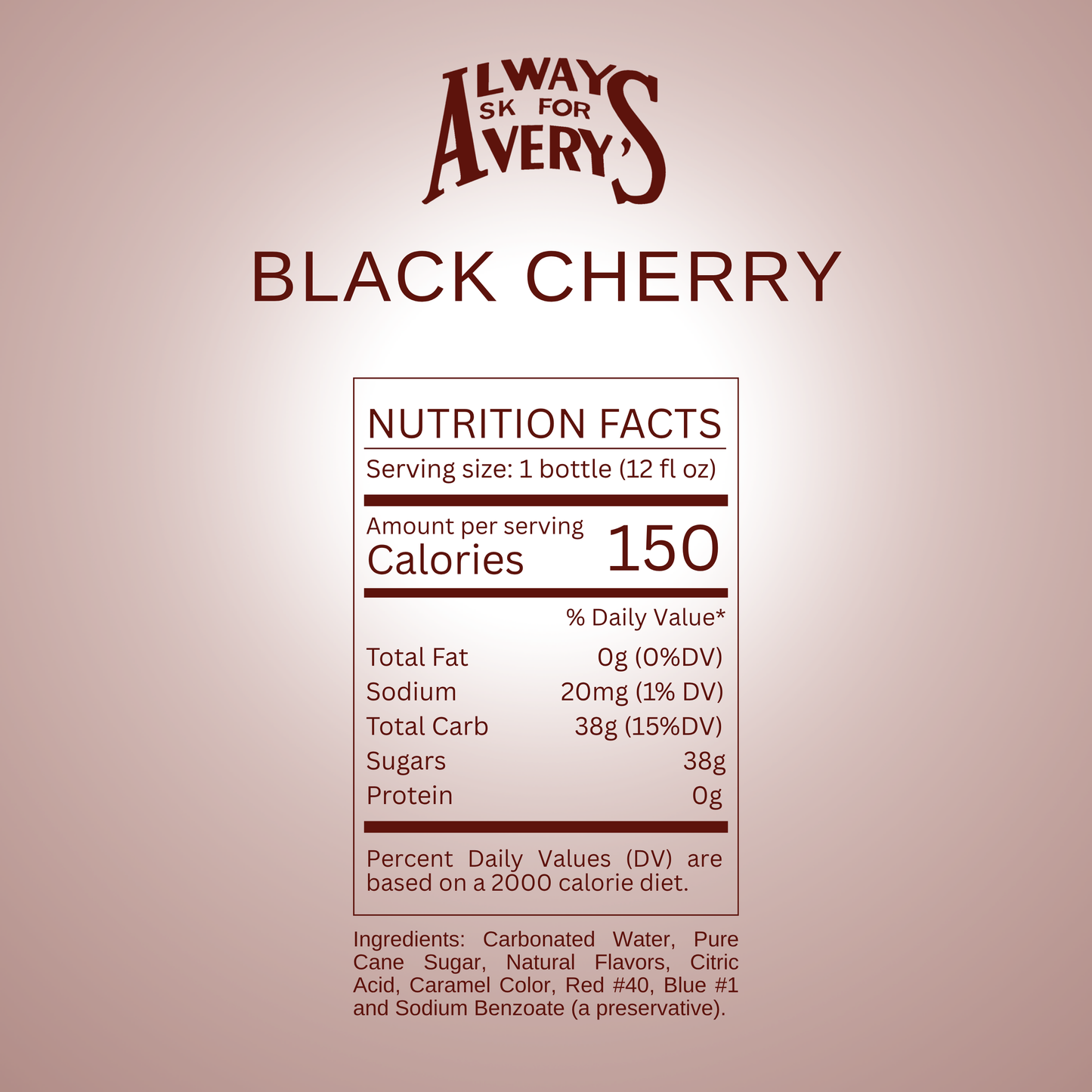 Nutrition facts label for Avery's Black Cherry Soda on deep red gradient background