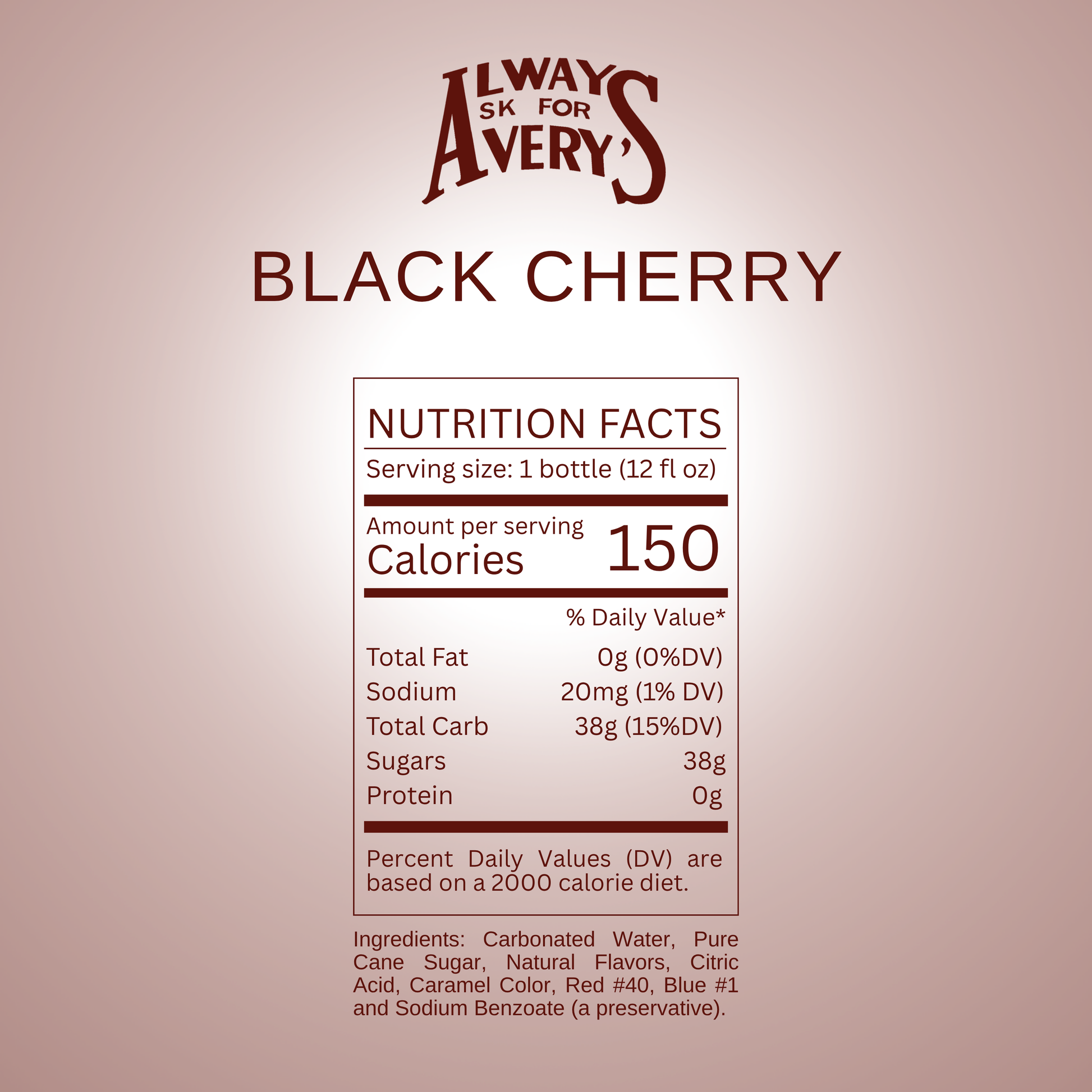 Nutrition facts label for Avery's Black Cherry Soda on deep red gradient background