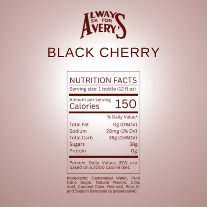 Nutrition facts label for Avery's Black Cherry Soda on deep red gradient background