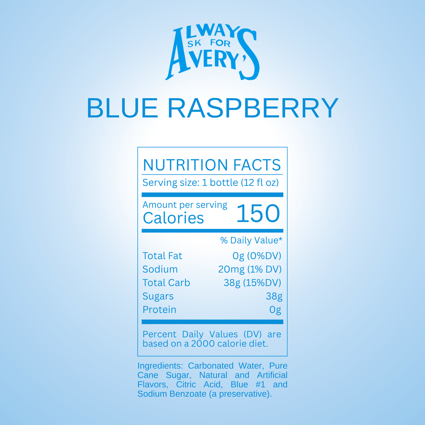 Nutrition facts label for Avery's Blue Raspberry Soda on blue gradient background
