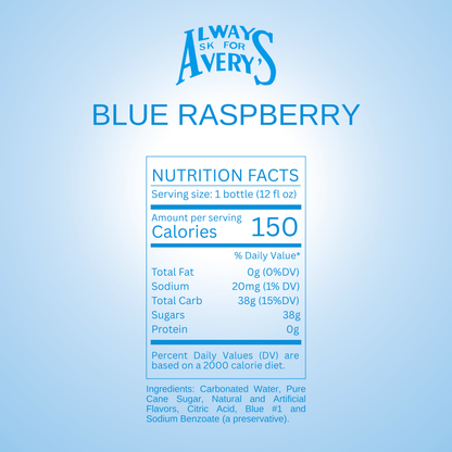 Nutrition facts label for Avery's Blue Raspberry Soda on blue gradient background
