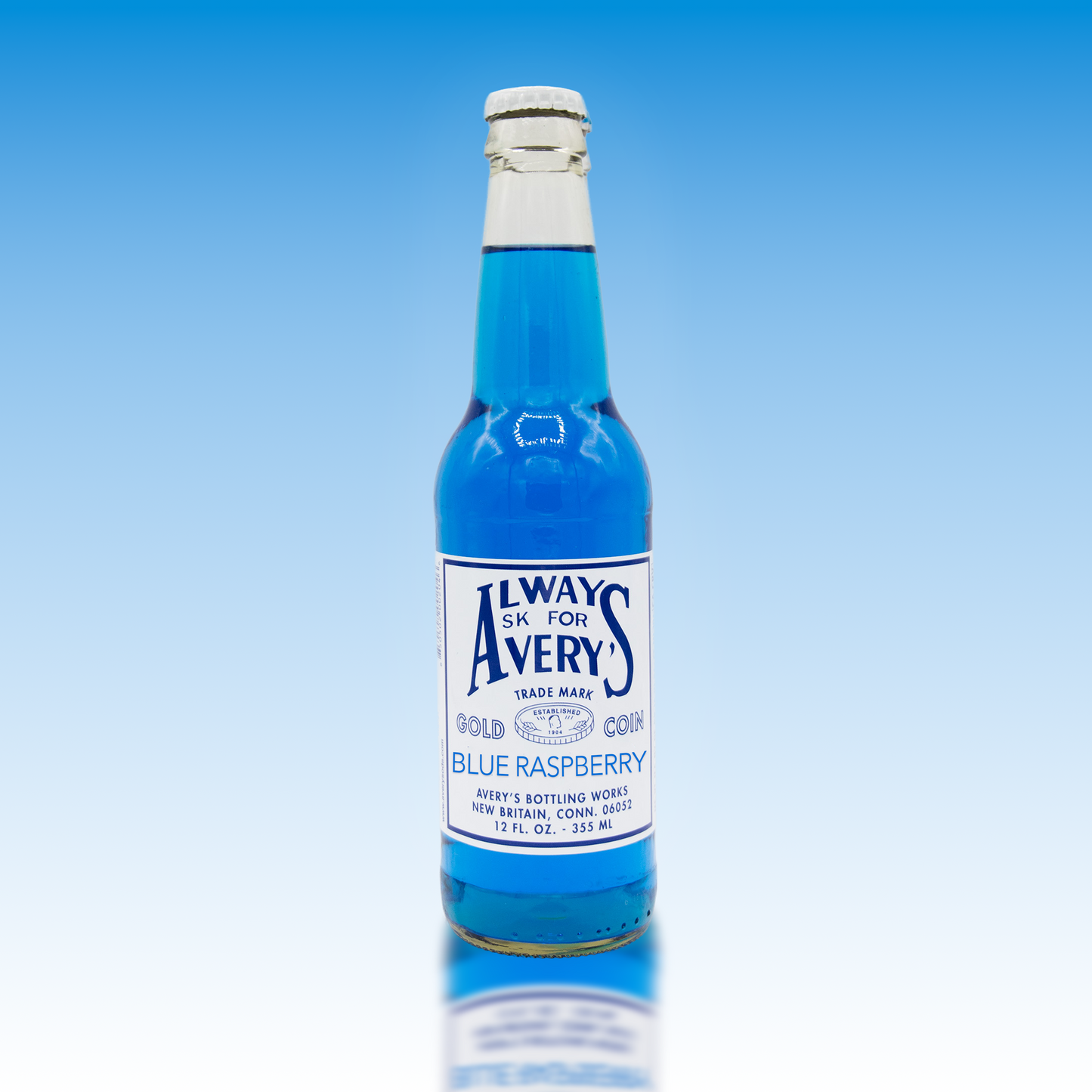 Avery's Blue Raspberry Soda in glass bottle on blue gradient background