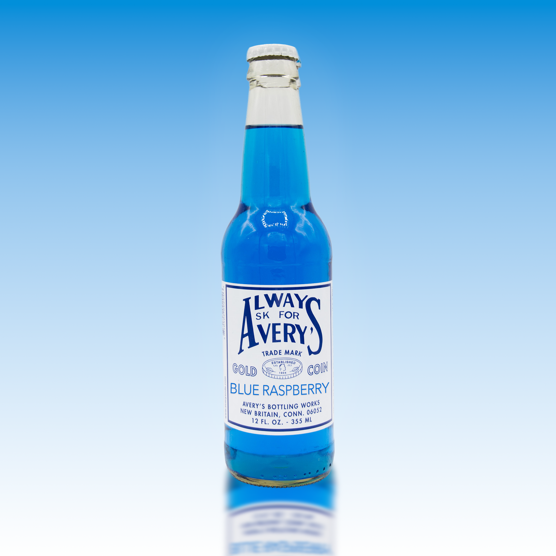 Avery's Blue Raspberry Soda in glass bottle on blue gradient background