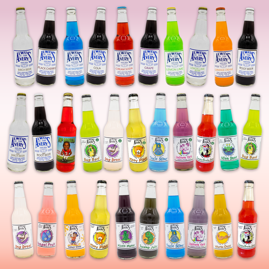 Avery’s Soda Variety 12-Pack with a variety of classic and totally gross flavors in glass bottles on peach gradient background