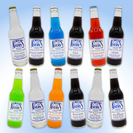 Avery’s Classic Build Your Own Variety 12-Pack with a variety of classic flavors in glass bottles on blue gradient background