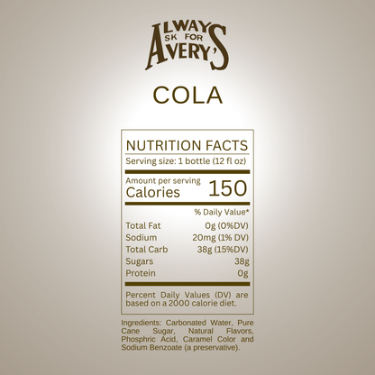 Nutrition facts label for Avery's Cola on brown gradient background