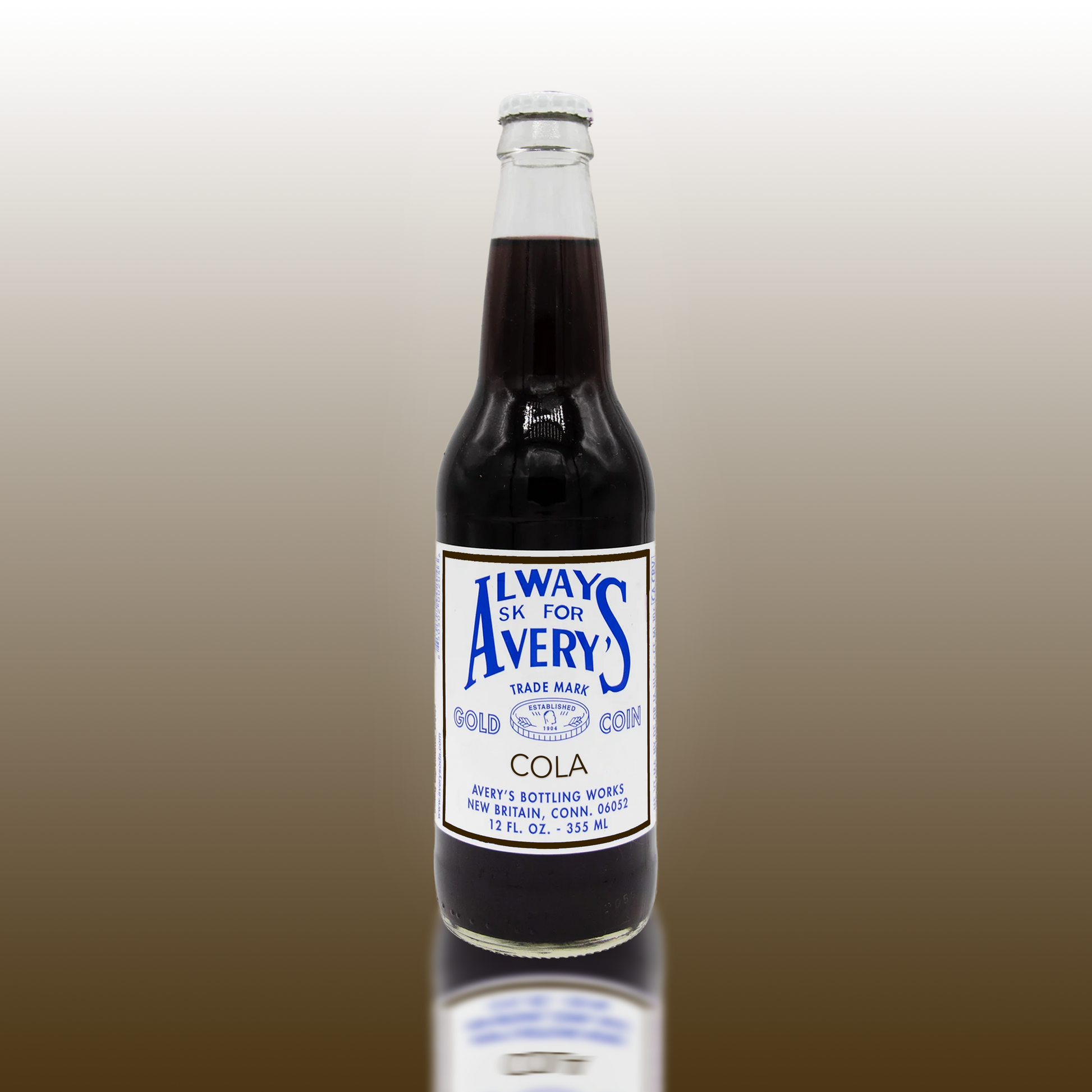 Avery's Cola in glass bottle on brown gradient background