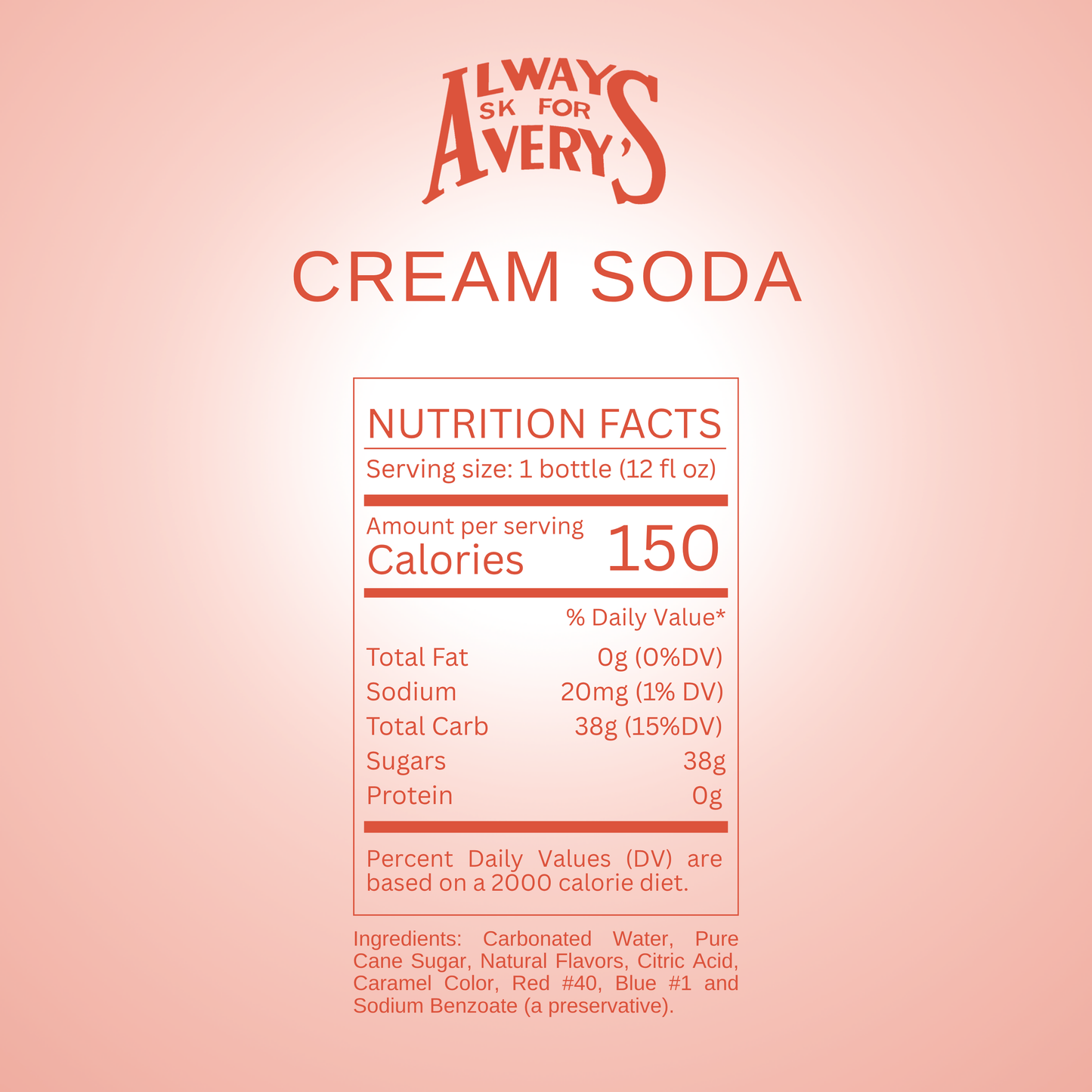 Nutrition facts label for Avery's Cream Soda on red gradient background