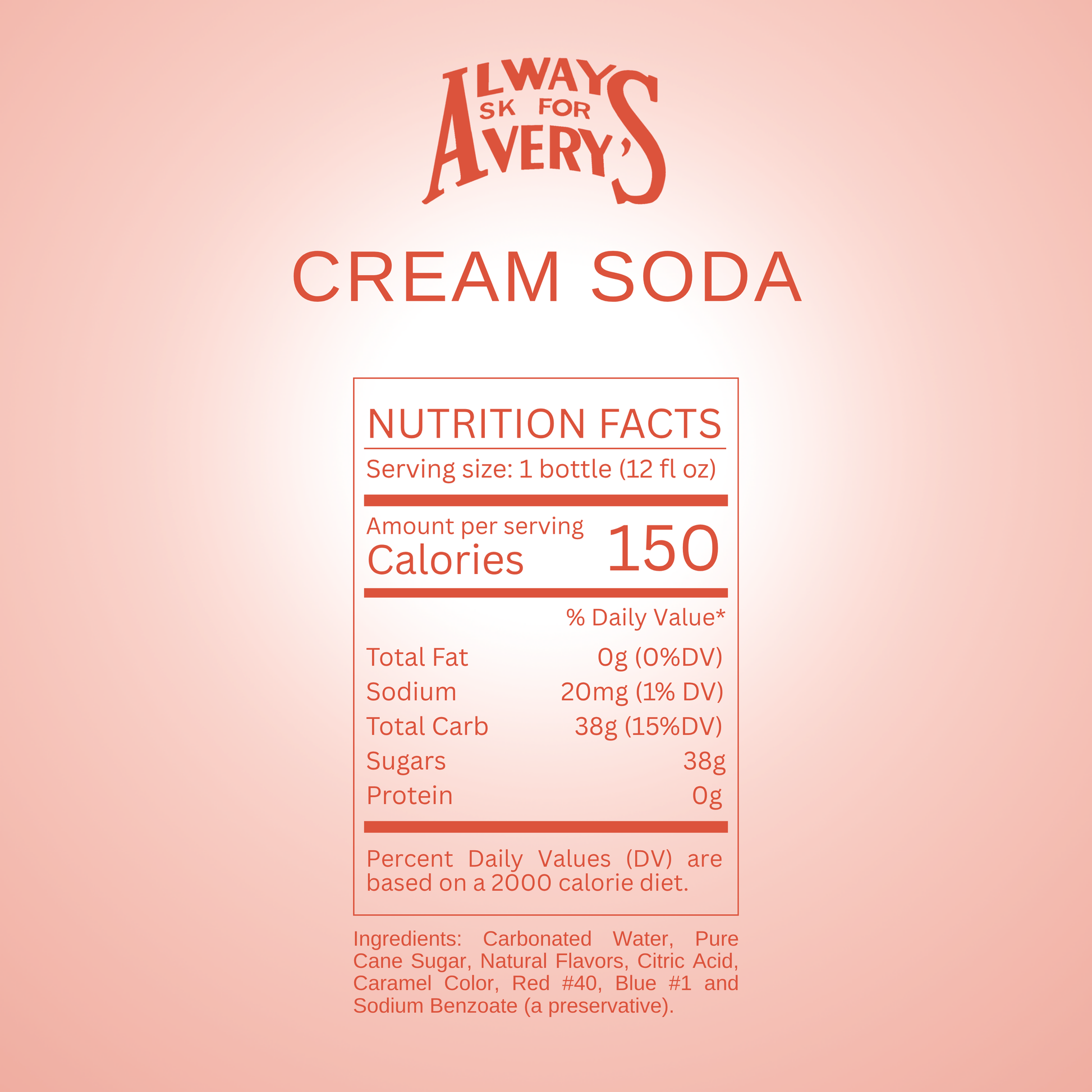 Nutrition facts label for Avery's Cream Soda on red gradient background