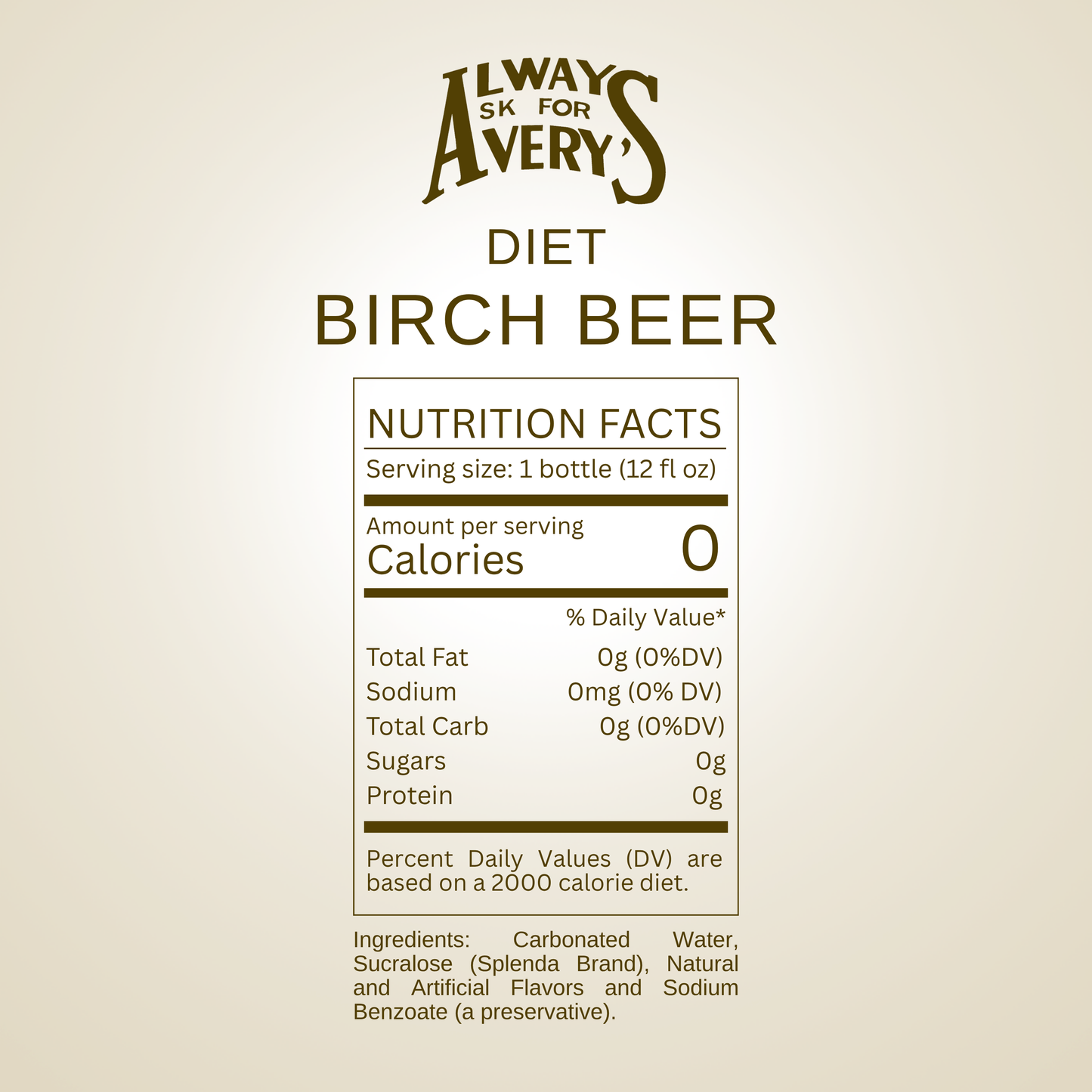 Nutrition facts label for Avery's Diet Birch Beer on beige gradient background