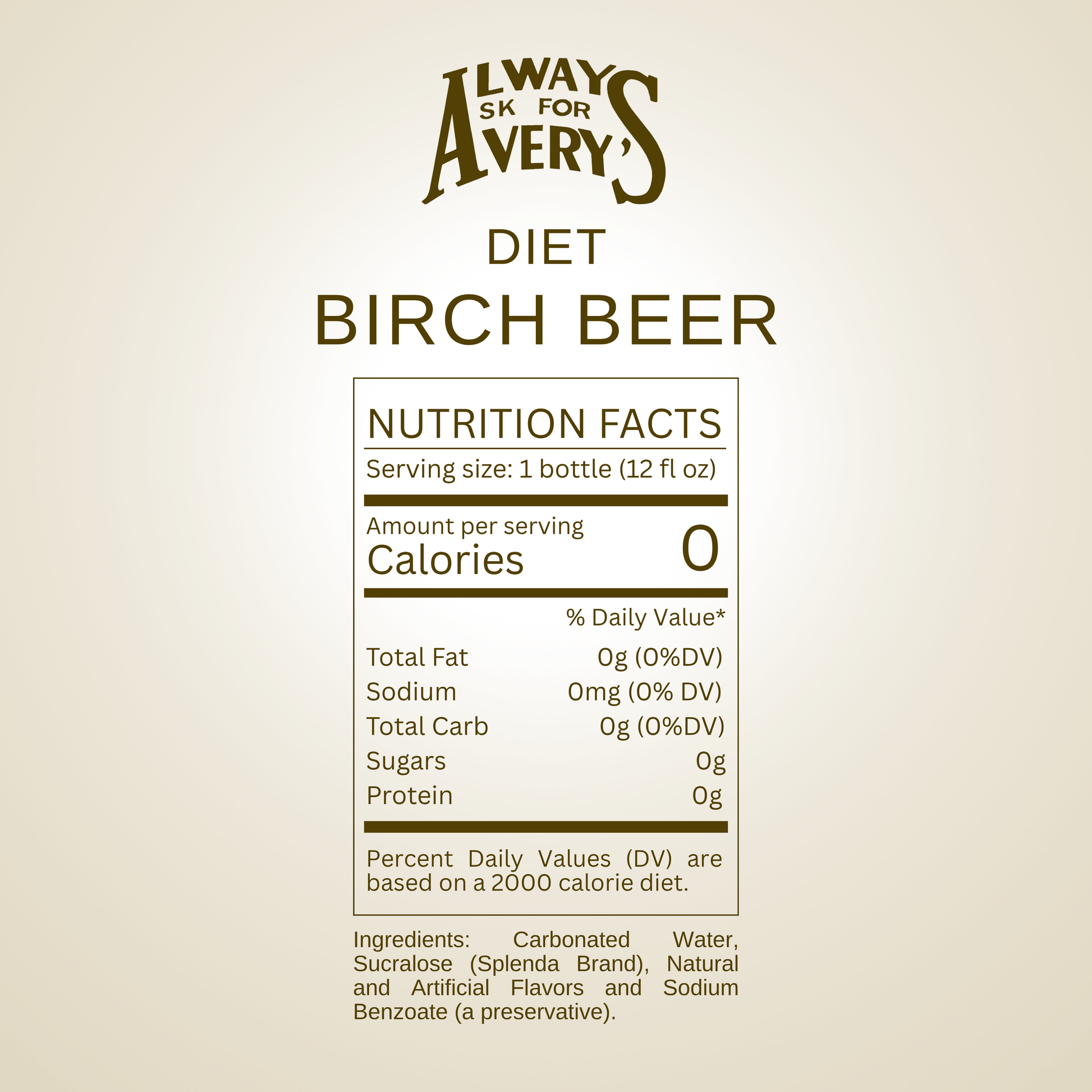 Nutrition facts label for Avery's Diet Birch Beer on beige gradient background