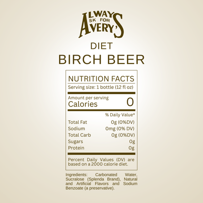 Nutrition facts label for Avery's Diet Birch Beer on beige gradient background