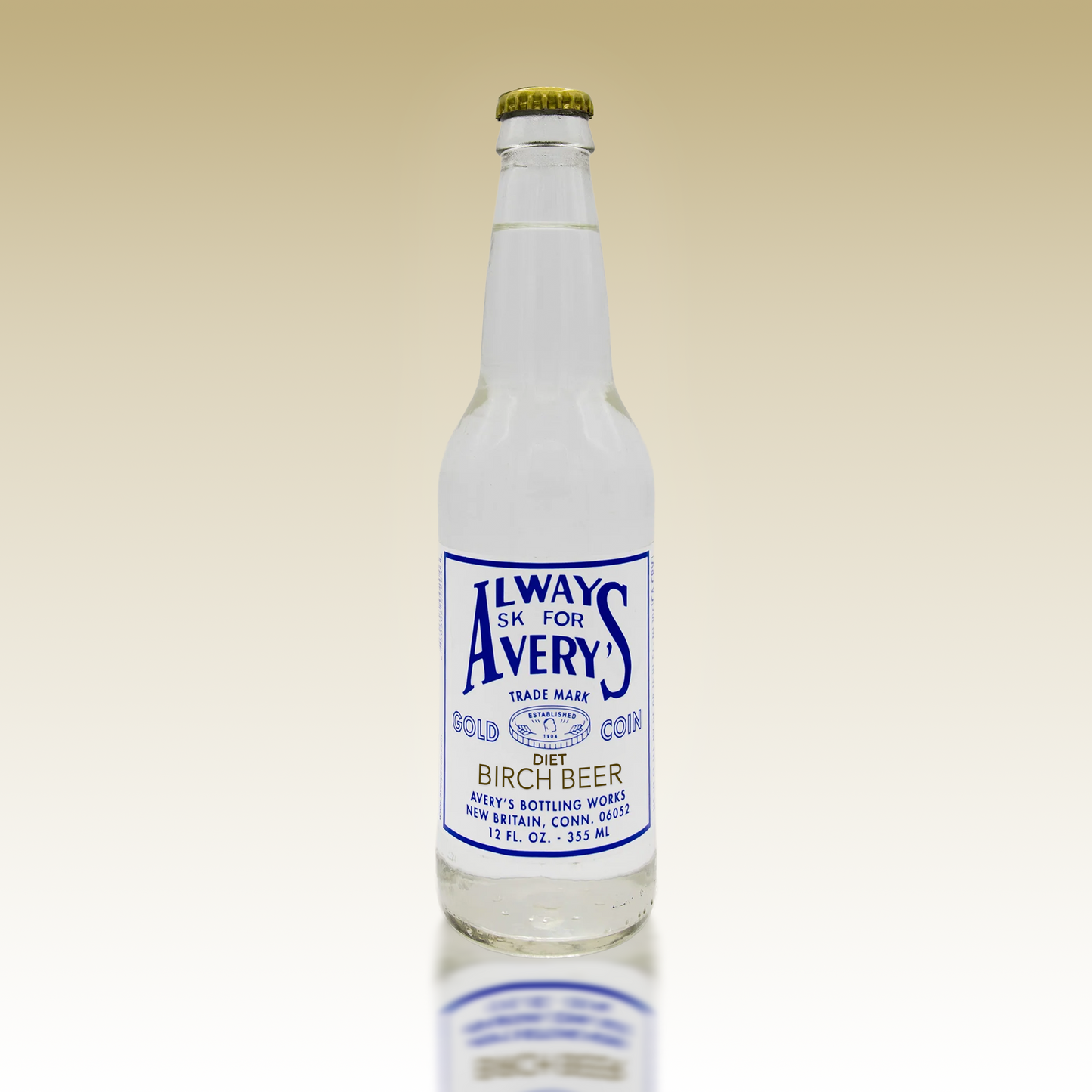 Avery's Diet Birch Beer in glass bottle on beige gradient background