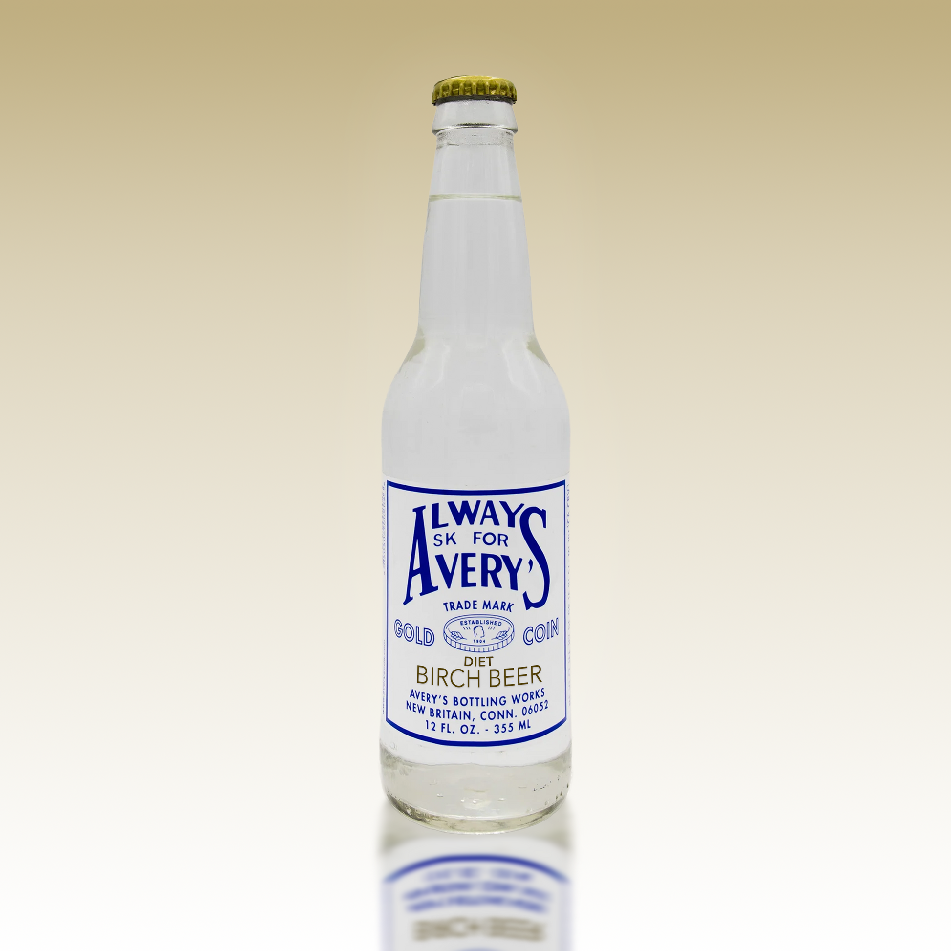 Avery's Diet Birch Beer in glass bottle on beige gradient background
