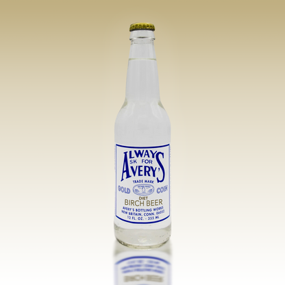 Avery's Diet Birch Beer in glass bottle on beige gradient background