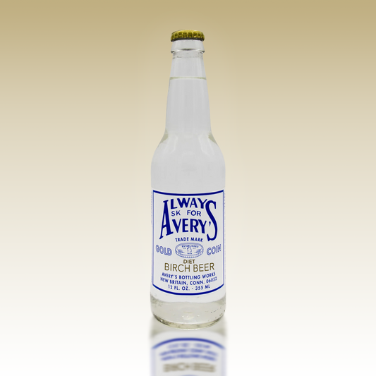 Avery's Diet Birch Beer in glass bottle on beige gradient background
