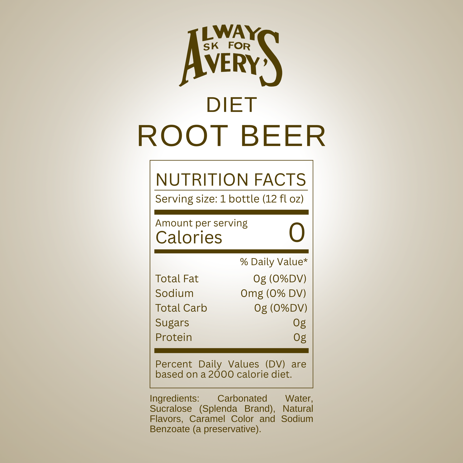 Nutrition facts label for Avery's Diet Root Beer on brown gradient background