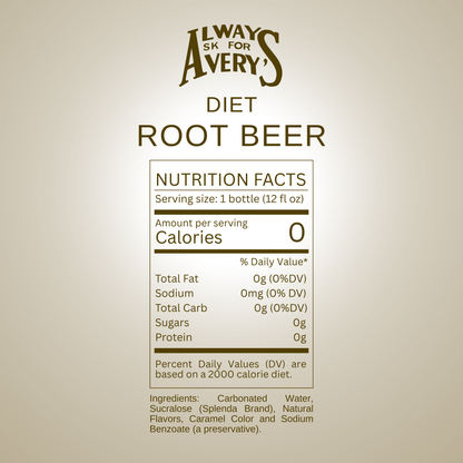 Nutrition facts label for Avery's Diet Root Beer on brown gradient background