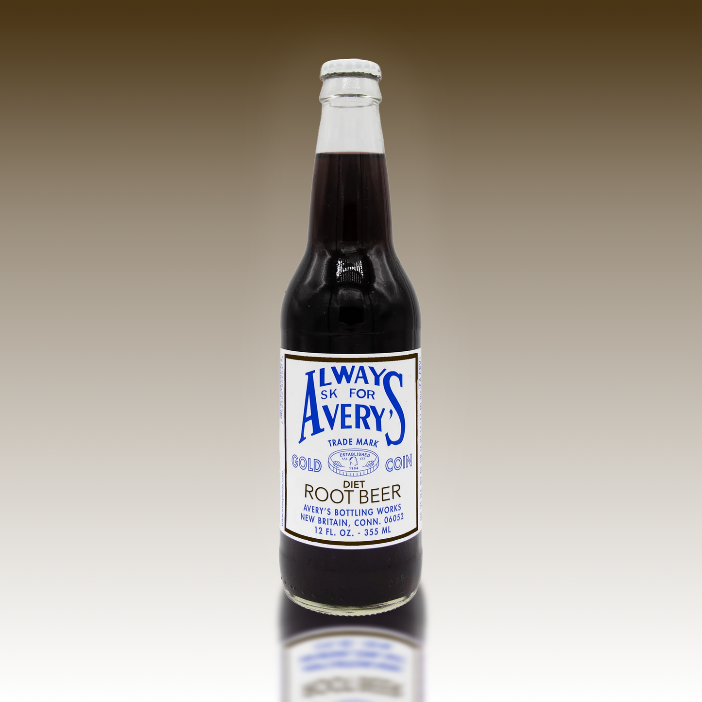 Avery's Diet Root Beer in glass bottle on brown gradient background