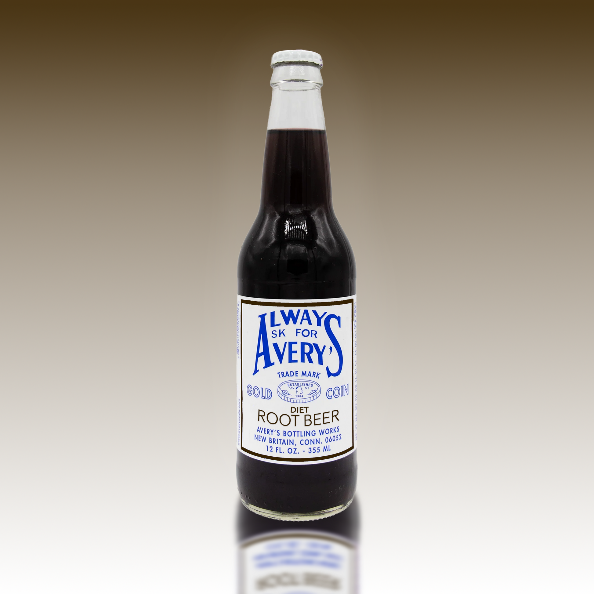 Avery's Diet Root Beer in glass bottle on brown gradient background