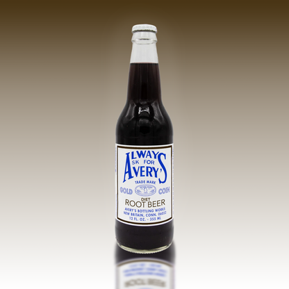 Avery's Diet Root Beer in glass bottle on brown gradient background