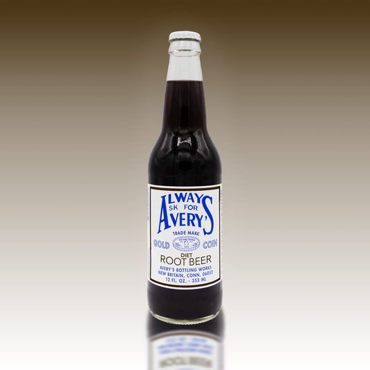 Avery's Diet Root Beer in glass bottle on brown gradient background