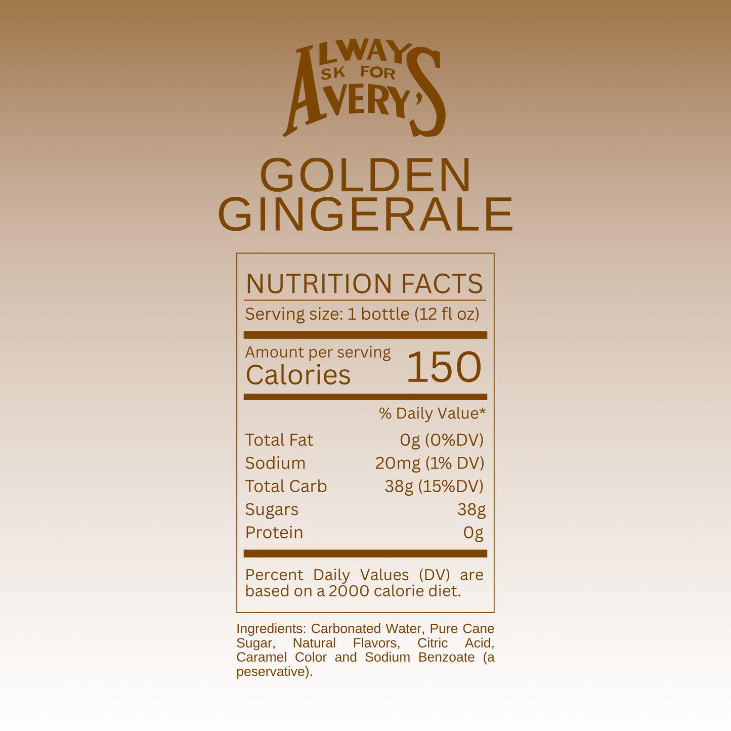 Nutrition facts label for Avery's Golden Ginger Ale on golden gradient background