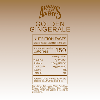 Nutrition facts label for Avery's Golden Ginger Ale on golden gradient background