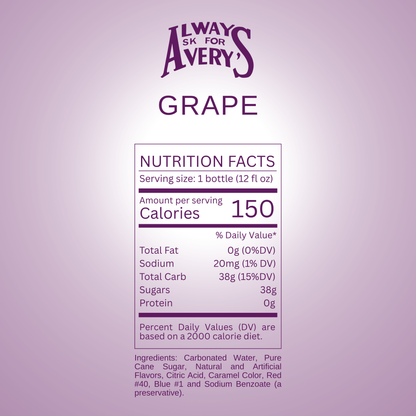 Nutrition facts label for Avery's Grape Soda on purple gradient background