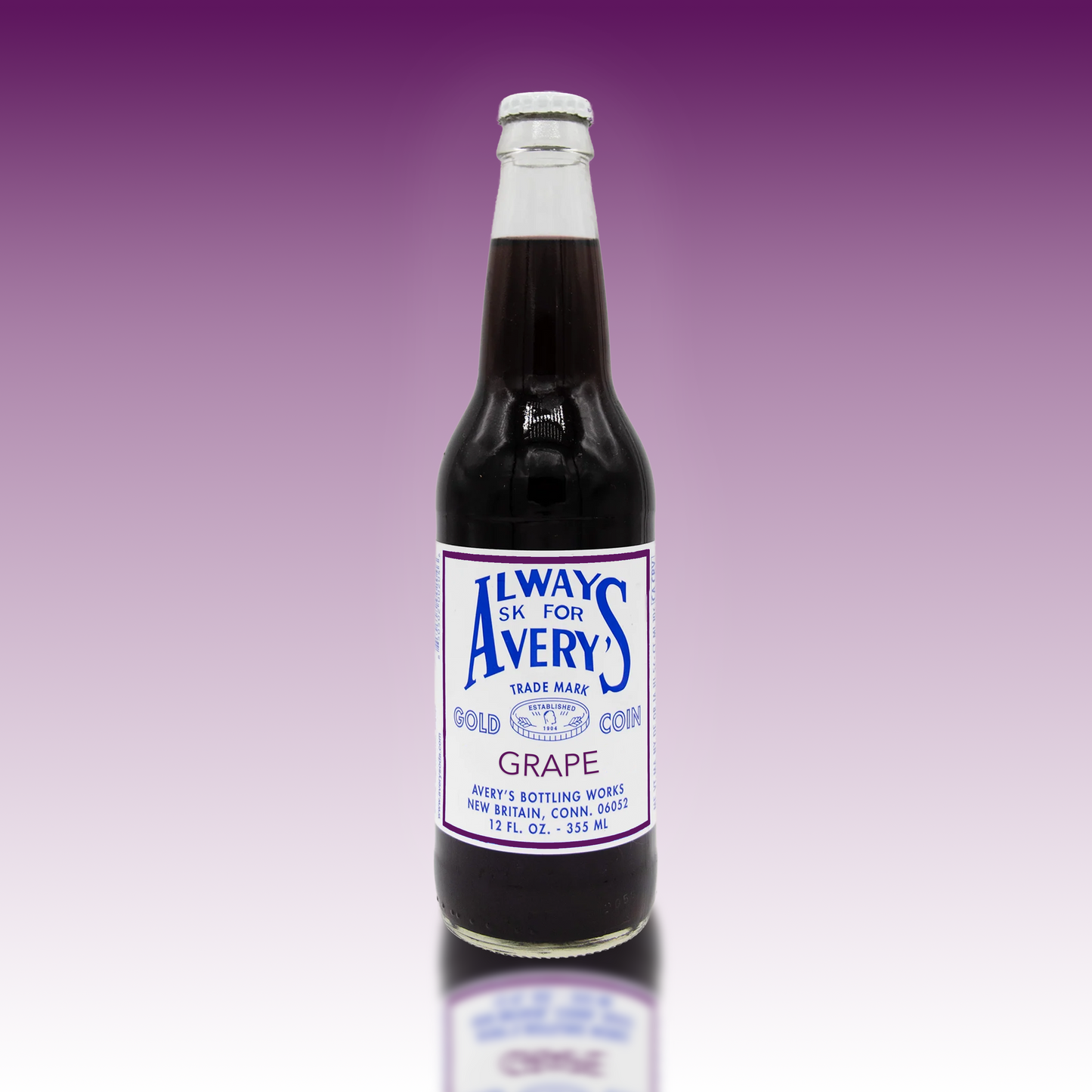 Avery's purple Grape Soda in glass bottle on purple gradient background