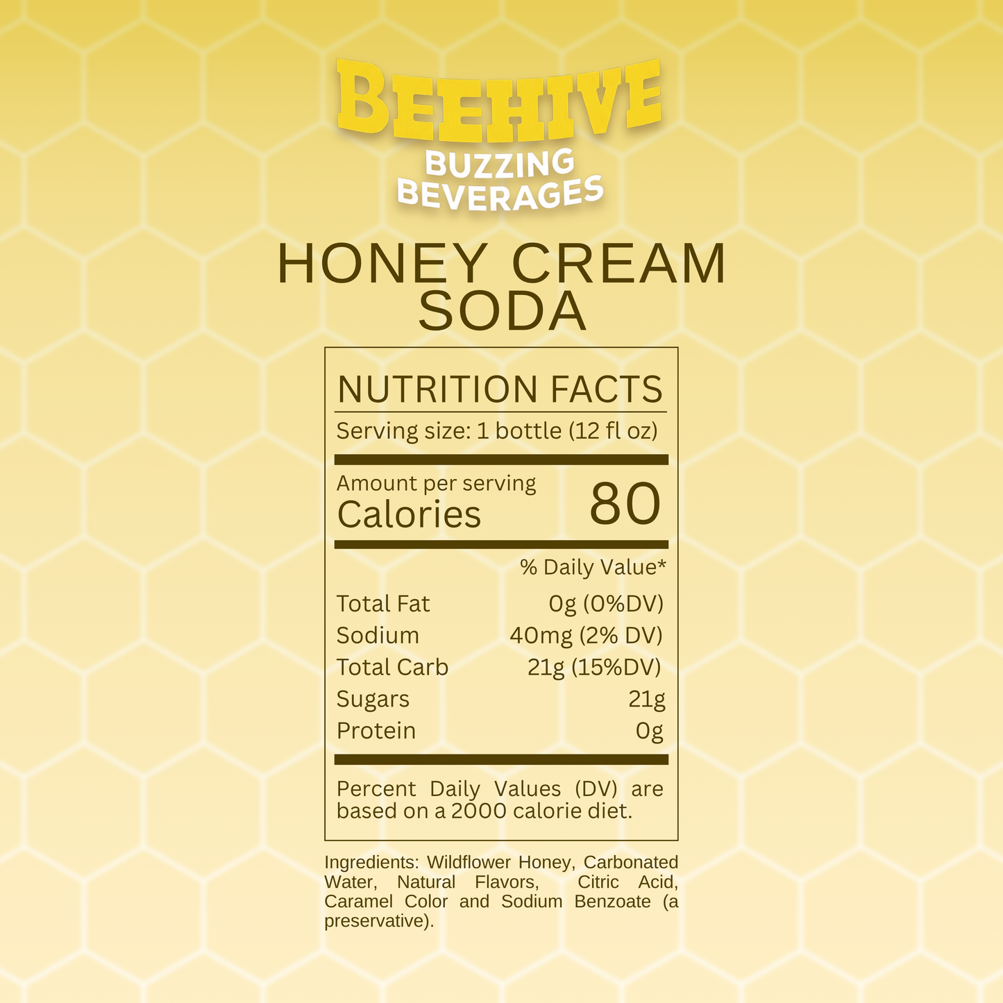 Nutrition facts label for Avery's Honey Infused Cream Soda on a honeycomb pattern gradient background