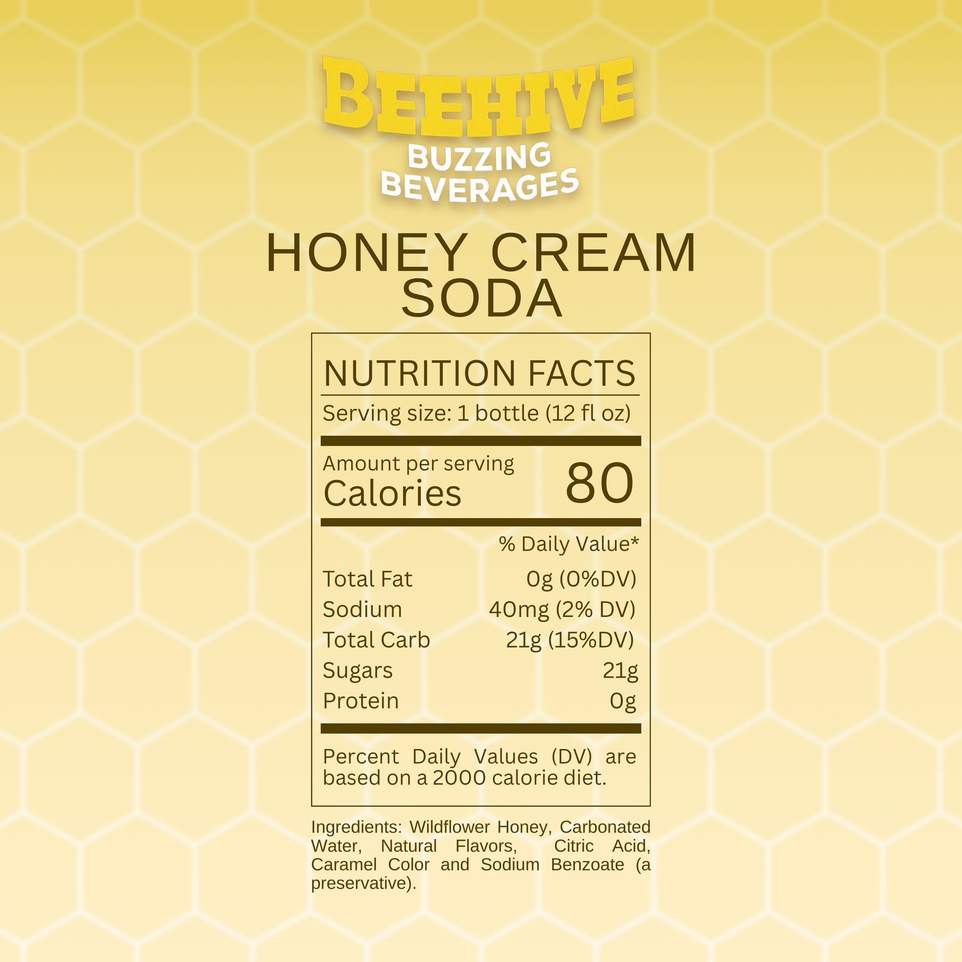 Nutrition facts label for Avery's Honey Infused Cream Soda on a honeycomb pattern gradient background