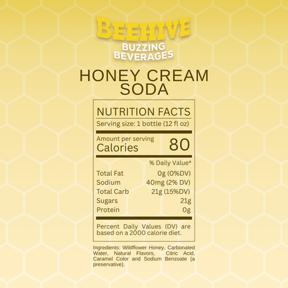 Nutrition facts label for Avery's Honey Infused Cream Soda on a honeycomb pattern gradient background