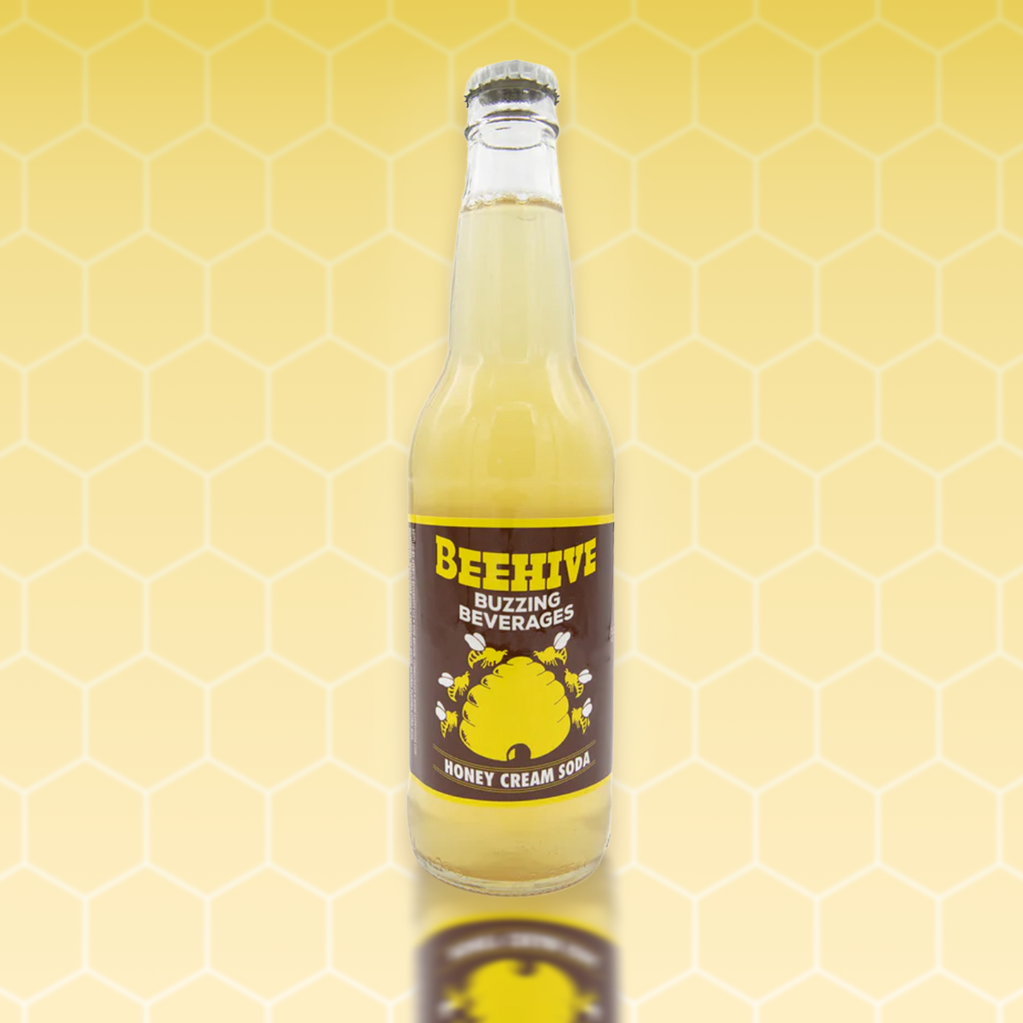 Avery’s Honey Infused Cream Soda in glass bottle on yellow gradient background