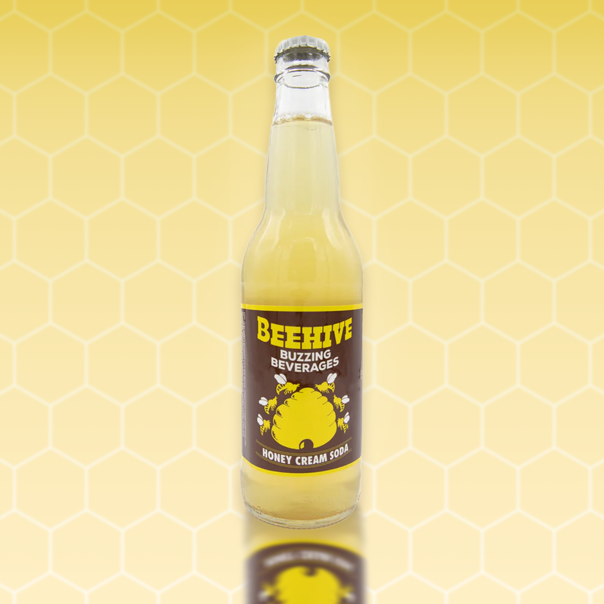 Avery’s Honey Infused Cream Soda in glass bottle on yellow gradient background