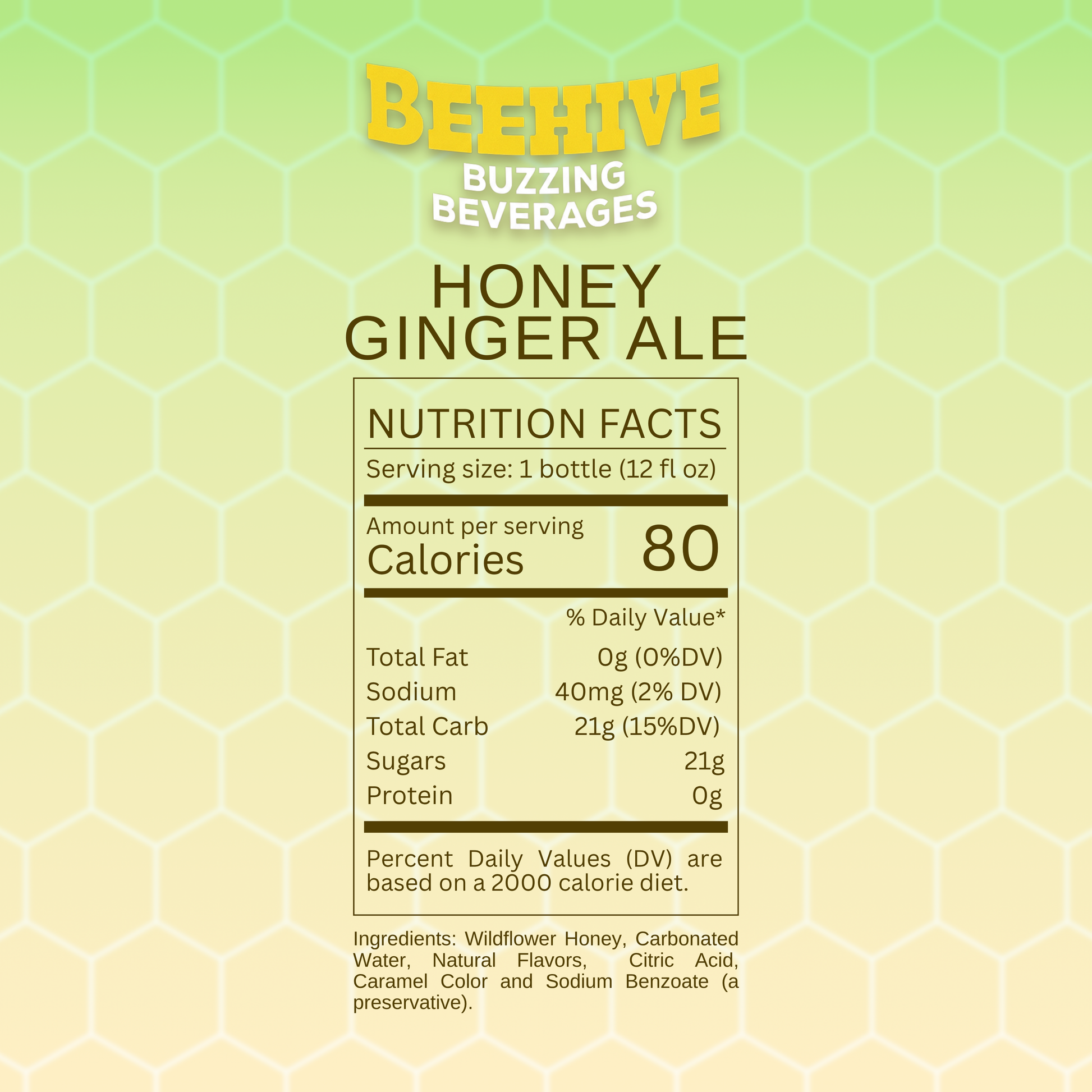 Nutrition facts label for Avery's Honey Infused Ginger Ale on a honeycomb pattern gradient background